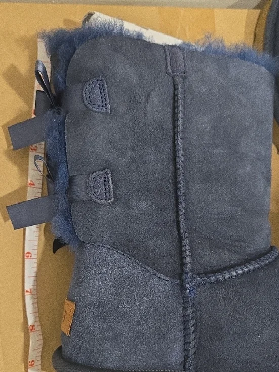 UGG Navy Short Suede Boots with Shearling Trim, 2x Bows On Each Boot - Picture 8 of 14